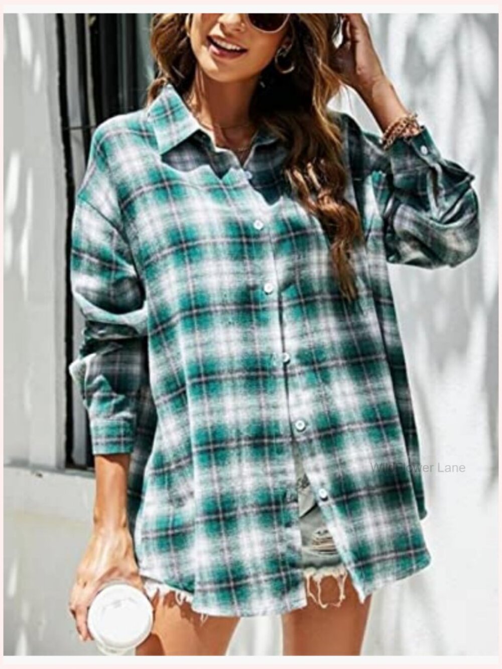 Oversized Flannel Plaid Button Down Shirt Blouse Top - Picture 2 of 7